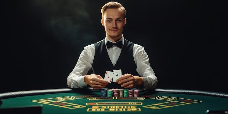 Live dealer card game table with professional croupier at casino studio