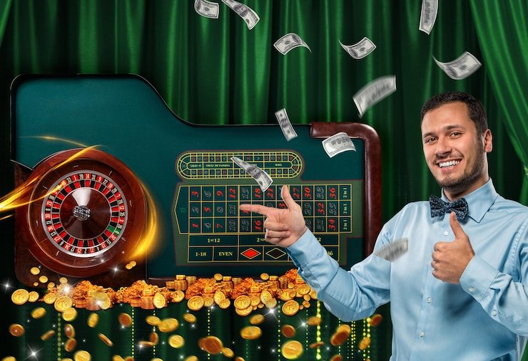 Slot machine reels spinning in a colourful casino game environment